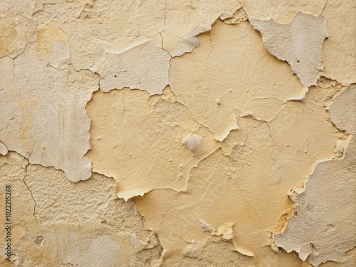 Softly textured, imperfectly painted, beige-toned wall with subtle cracks and gentle peeling, exuding serene simplicity and beauty in imperfection.