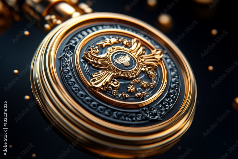A 3D-rendered medal of honor floating in space, rotating slowly with intricate design details highlighted by a spotlight A 3D-rendered medal of honor floating in space, rotating slowly with intricate design details highlighted by a spotlight