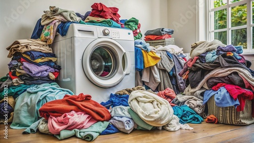 Piles of dirty laundry overwhelm a small laundry room, with a worn-out washing machine as the sole defender against the relentless tide of household chores.