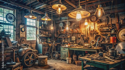 A cluttered repair garage interior with rusty old car parts, tools, and machinery scattered around, dimly lit with a single overhead light bulb shining. photo