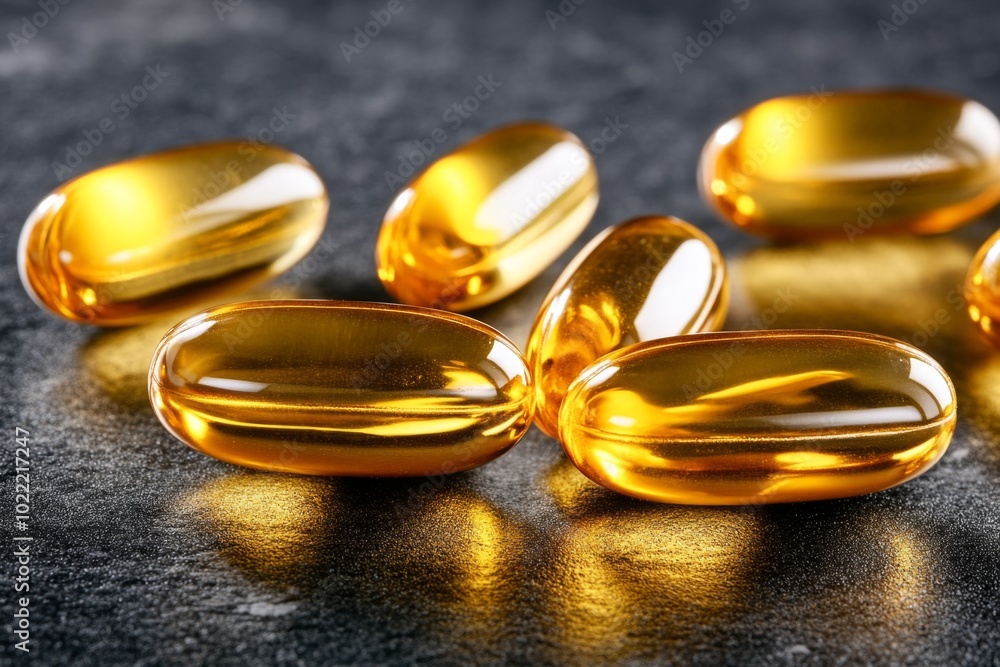 A close-up shot of Omega-3 fish oil capsules, glistening under natural light, showcasing their golden color and smooth texture