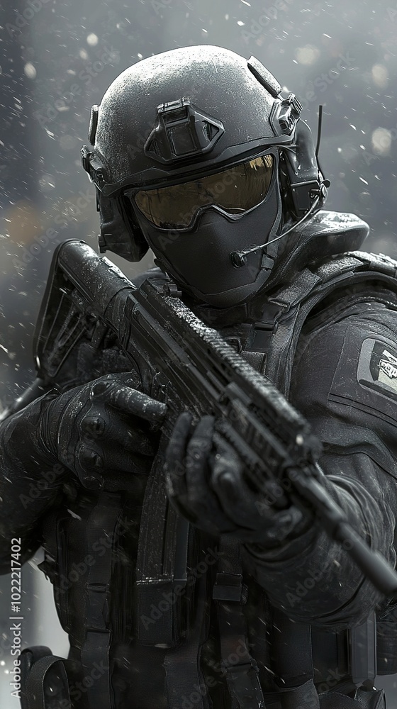 Fototapeta premium Soldier in Snow with Weapon - Military Tactical Gear