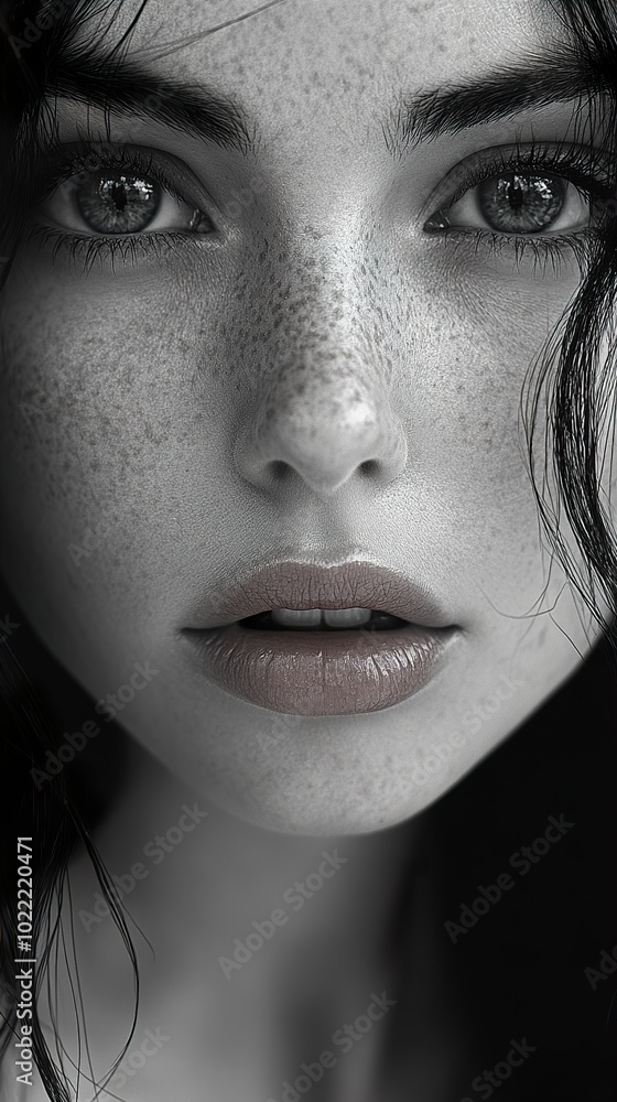 Close-up Portrait of a Woman with Freckles and Intense Gaze Close-up Portrait of a Woman with Freckles and Intense Gaze