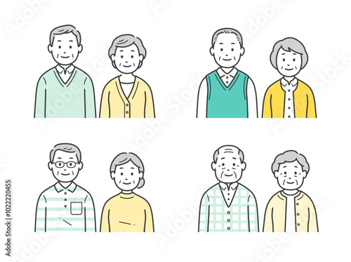 色々な服装の高齢夫婦の上半身イラストセット
