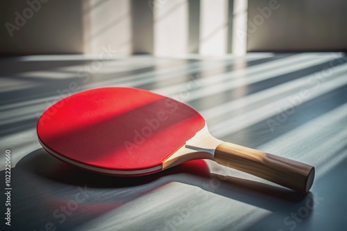 Vibrant red paddle lies isolated on a clean table, awaiting its user, surrounded by subtle shadows, conveying a sense of excitement and playful anticipation. photo