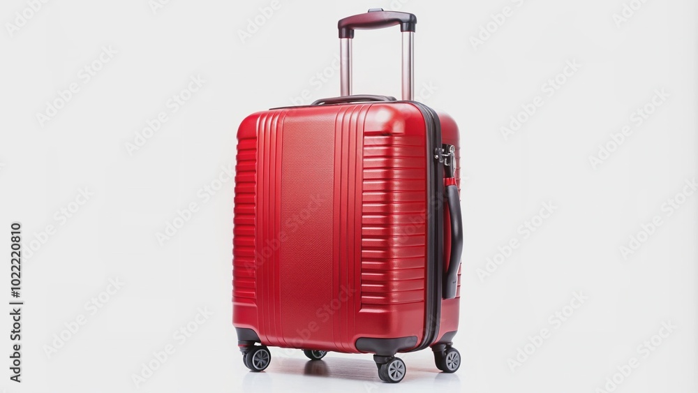 A vibrant red hardshell suitcase with sturdy handle and sleek design stands upright on a pristine white background, evoking feelings of travel and adventure. A vibrant red hardshell suitcase with sturdy handle and sleek design stands upright on a pristine white background, evoking feelings of travel and adventure.