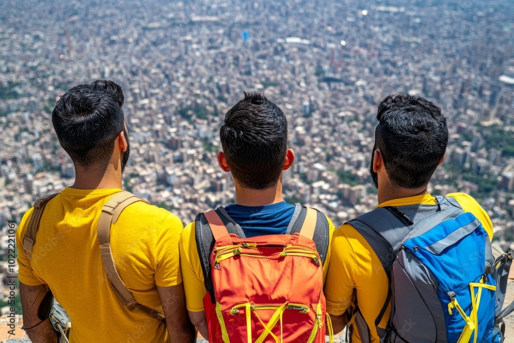 A group of friends from a rural village standing on the edge of a city, looking out over the urban sprawl with both hope and apprehension A group of friends from a rural village standing on the edge of a city, looking out over the urban sprawl with both hope and apprehension