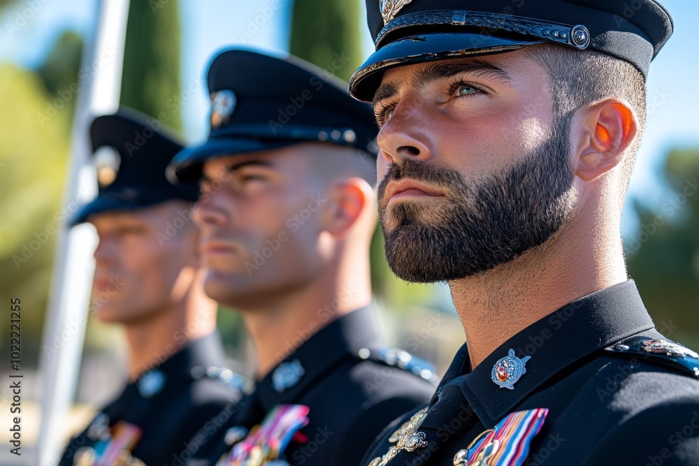 A group of soldiers in full uniform standing at attention during a service ceremony, with medals on their chests and solemn expressions on their faces A group of soldiers in full uniform standing at attention during a service ceremony, with medals on their chests and solemn expressions on their faces