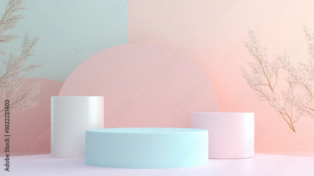 Minimalist Product Display with Pastel Cylinders and Floral Decor Minimalist Product Display with Pastel Cylinders and Floral Decor
