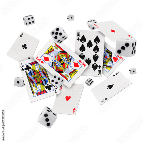 Obraz na plátně Poker casino flying card and dice on transparent background png