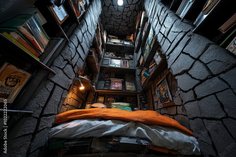 A hyper-realistic depiction of an overcrowded tenement building from ...