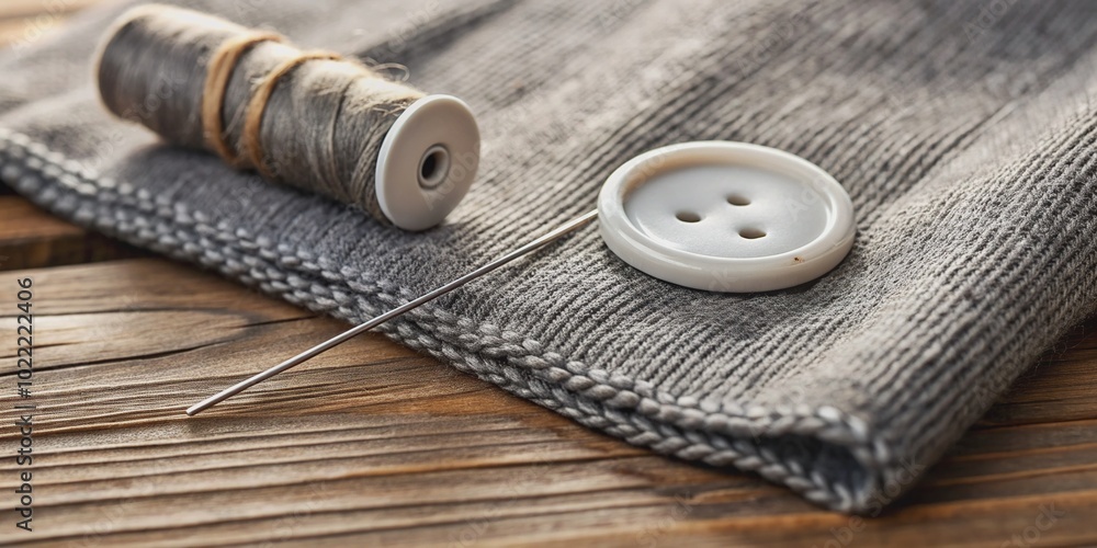 Close-up of a gray thick fabric with a needle and thread stitching a small white button, surrounded by sewing notions and threads on a wooden table. Close-up of a gray thick fabric with a needle and thread stitching a small white button, surrounded by sewing notions and threads on a wooden table.