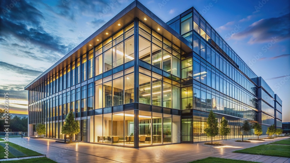 Modern glass office building exterior glows with warm interior lighting at dusk, showcasing sleek and contemporary architectural design with clean lines and geometric shapes. Modern glass office building exterior glows with warm interior lighting at dusk, showcasing sleek and contemporary architectural design with clean lines and geometric shapes.