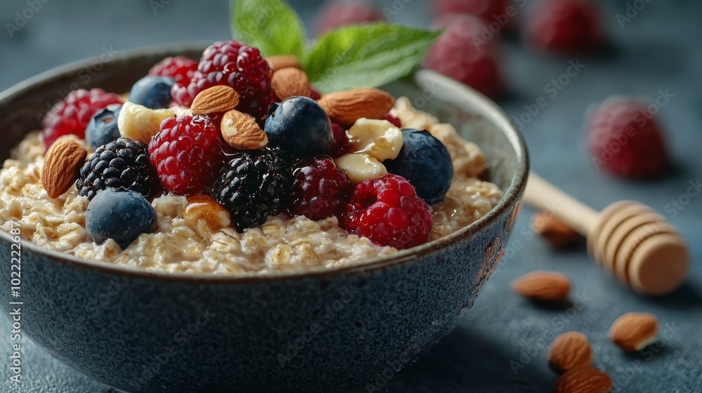 A bowl of oats topped with berries, nuts, and honey, promoting a healthy breakfast A bowl of oats topped with berries, nuts, and honey, promoting a healthy breakfast