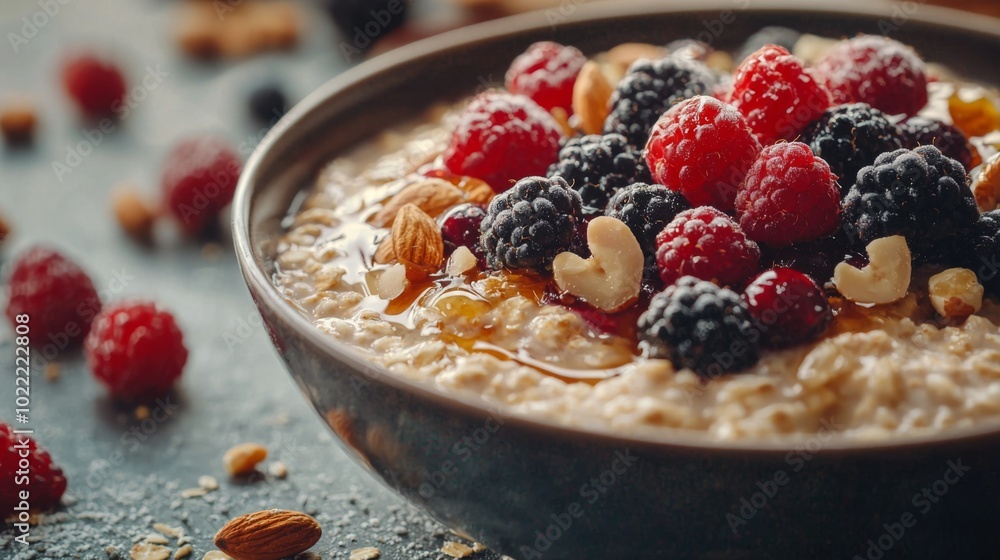 A bowl of oats topped with berries, nuts, and honey, promoting a healthy breakfast A bowl of oats topped with berries, nuts, and honey, promoting a healthy breakfast