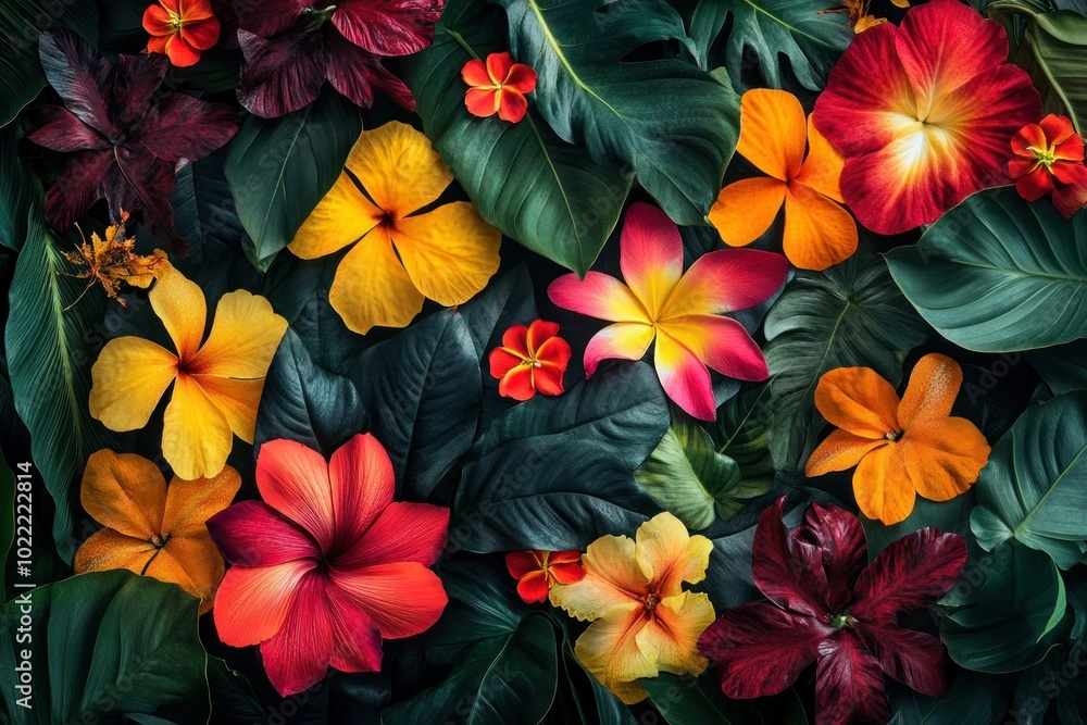 Vibrant Tropical Flower Arrangement on Leafy Background Vibrant Tropical Flower Arrangement on Leafy Background