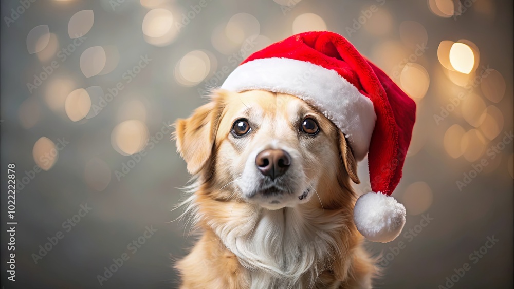 A Golden Retriever wearing a Santa hat, captured against a backdrop of sparkling lights, exudes holiday cheer with its innocent gaze and fluffy fur. A Golden Retriever wearing a Santa hat, captured against a backdrop of sparkling lights, exudes holiday cheer with its innocent gaze and fluffy fur.