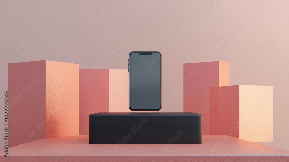Black Smartphone on a Black Platform with Pink and Peach Backgrounds Black Smartphone on a Black Platform with Pink and Peach Backgrounds