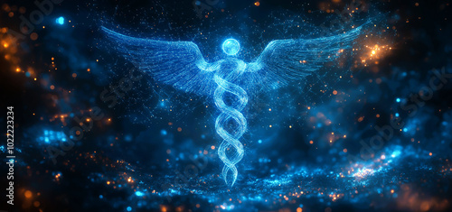 The caduceus, a digital masterpiece, glows with an ethereal blue light, hinting at the mysteries of medicine.