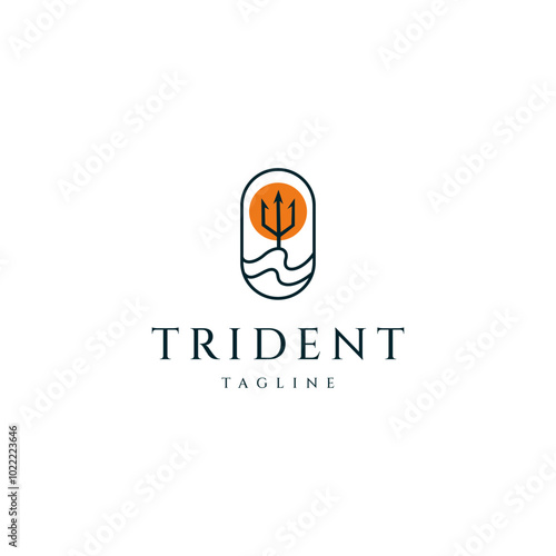 Poseidon trident with sun in line art oval logo design style