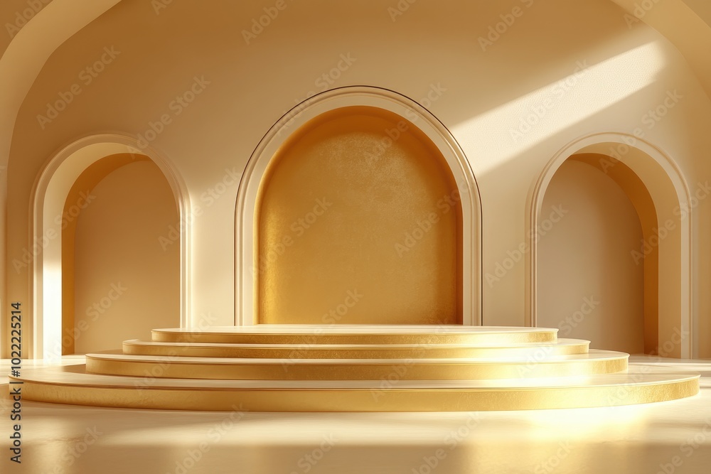 Circular Platform with Golden Trim in a Room with Arched Openings Circular Platform with Golden Trim in a Room with Arched Openings