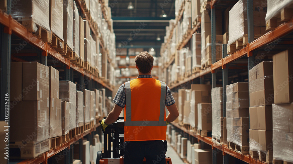 Warehouse worker organizing pallets in large storage area Warehouse worker organizing pallets in large storage area