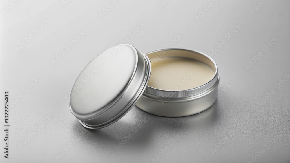 Empty round tin container for lip balm on light gray background beauty product mockup with space for branding, awaiting customization and label design. Empty round tin container for lip balm on light gray background beauty product mockup with space for branding, awaiting customization and label design.