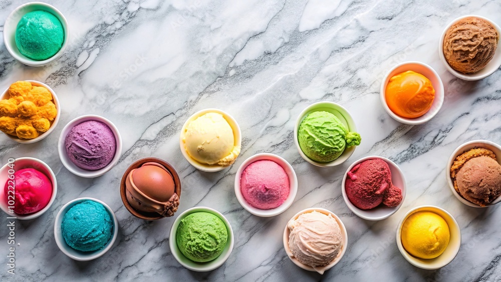 A Symphony of Creamy Delights A Diverse Palette of Ice Cream Scoops in White Bowls on a Marble Surface A Symphony of Creamy Delights A Diverse Palette of Ice Cream Scoops in White Bowls on a Marble Surface