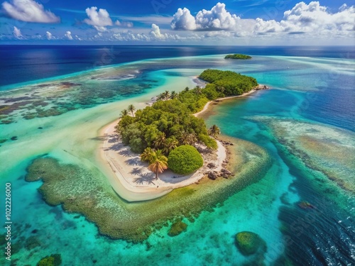 Turquoise waters surround a picturesque sandbar, Middle Silk Caye, within Belize's protected Gladden Spit and Silk Cayes Marine Reserve, showcasing vibrant coral reefs and island vegetation. photo