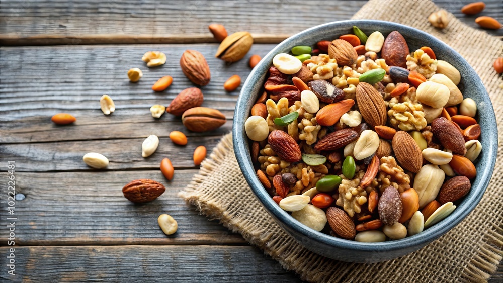 A bowl brimming with a variety of nuts and seeds, showcasing the natural beauty of these healthy snacks. The rustic wooden background enhances the sense of wholesomeness and authenticity. A bowl brimming with a variety of nuts and seeds, showcasing the natural beauty of these healthy snacks. The rustic wooden background enhances the sense of wholesomeness and authenticity.