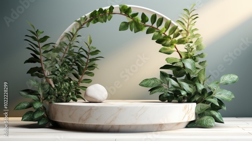 White Marble Podium with Green Foliage and Stone