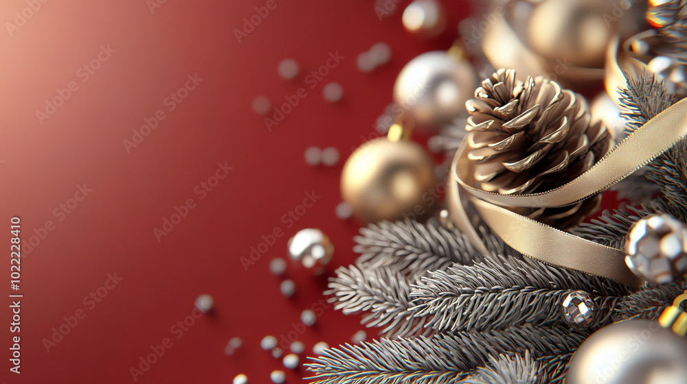 Elegant Christmas decorations featuring shiny ornaments, pine cones, and festive ribbons against a rich red background, creating a warm holiday atmosphere. Elegant Christmas decorations featuring shiny ornaments, pine cones, and festive ribbons against a rich red background, creating a warm holiday atmosphere.