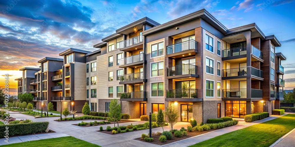 Modern apartment building with a walkway leading to the entrance, bathed in the warm glow of evening light Modern apartment building with a walkway leading to the entrance, bathed in the warm glow of evening light