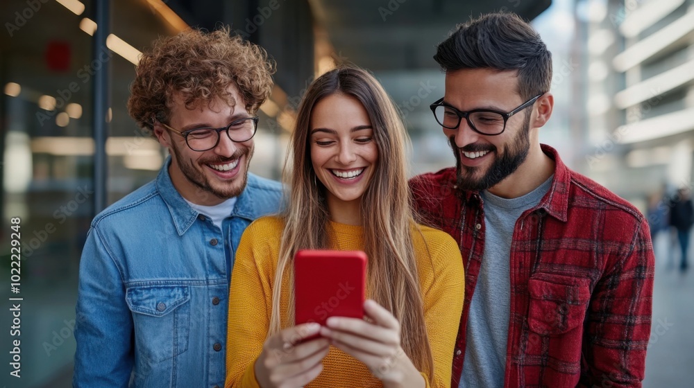 Fototapeta premium Joyful Friends Engaging with Mobile Device Outdoors