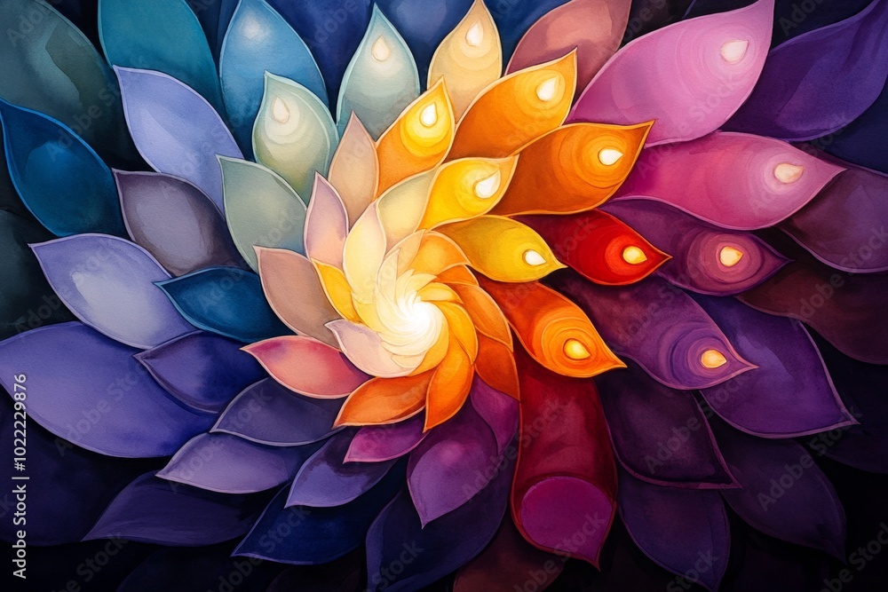 Φωτογραφία A vibrant watercolor painting of colorful diyas arranged in a spiral pattern, wi
