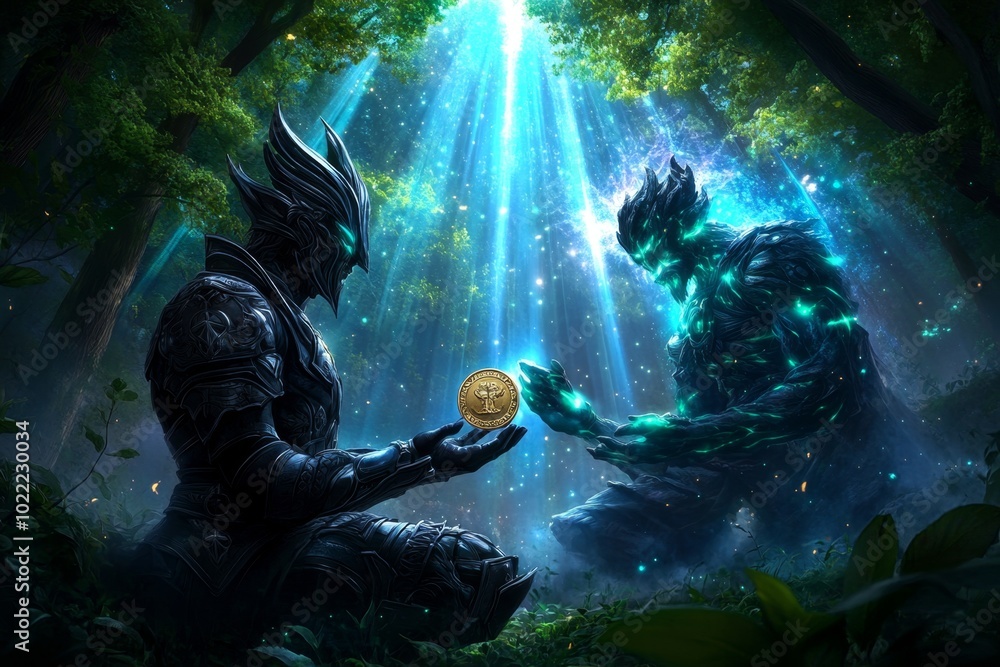 A warrior receiving a sacred honor medal from a celestial being in a mystical forest, with beams of light illuminating the scene A warrior receiving a sacred honor medal from a celestial being in a mystical forest, with beams of light illuminating the scene