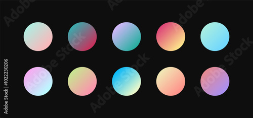 Set Of Color Palettes. Circle Shapes With Colorful Gradients Isolated On Black Background. Flat Vector Decoration Design Template Elements.