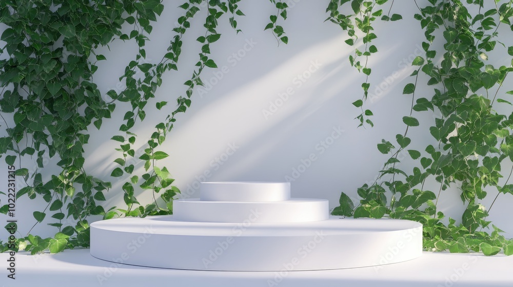 White Circular Platform with Green Vines on a White Wall White Circular Platform with Green Vines on a White Wall