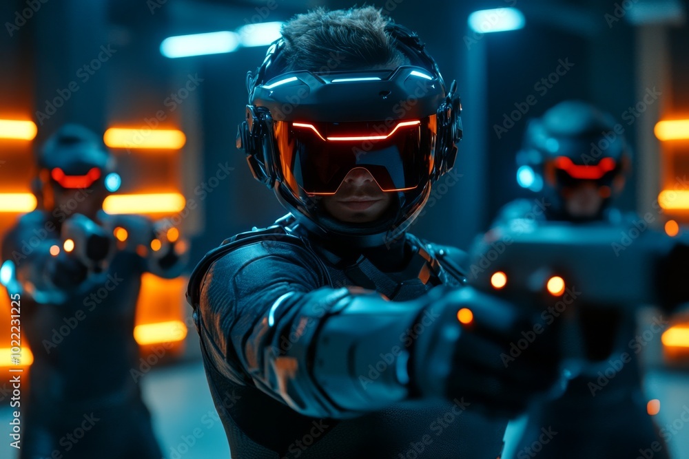 An immersive gaming experience, with players interacting in a fully virtual world using VR suits An immersive gaming experience, with players interacting in a fully virtual world using VR suits