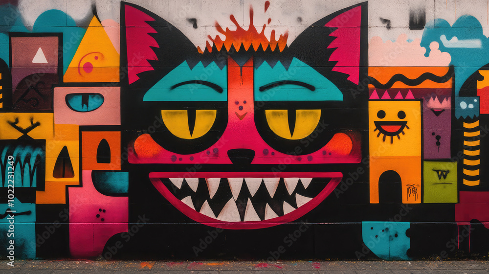 Obraz premium The graffiti devil, with vibrant, contrasting colors and intricate details, brings both menace and artistic flair to the brick wall in this dynamic street art piece.