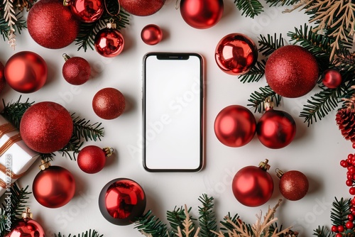 Mockup smartphone, blank screen on festive holiday Christmas background of ornaments, gifts, and pine on a holiday backdrop, ideal for the winter season card, green screen phone mock-up