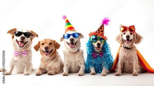 Group of happy dogs in colorful costumes celebrating a party, white isolated background. photo