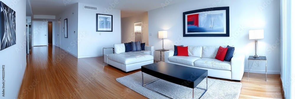 A contemporary living room with a white leather sofa, a minimalist coffee table, and bold black-and-white artwork, providing a crisp, modern aesthetic in panoramic view A contemporary living room with a white leather sofa, a minimalist coffee table, and bold black-and-white artwork, providing a crisp, modern aesthetic in panoramic view