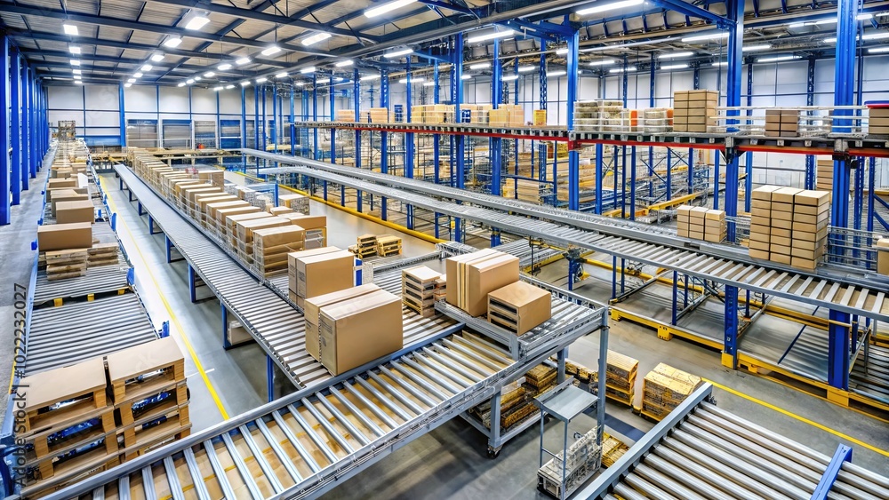 A network of interconnected conveyor belts moves packages through an expansive industrial warehouse, facilitating the efficient transportation of goods. A network of interconnected conveyor belts moves packages through an expansive industrial warehouse, facilitating the efficient transportation of goods.