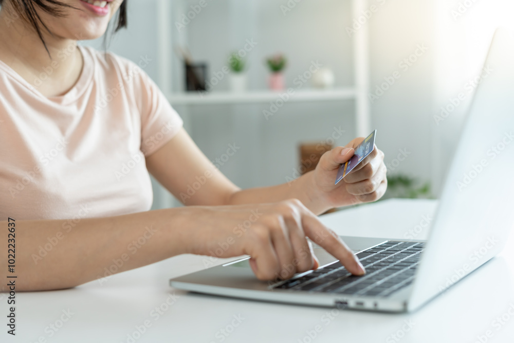 woman using computer for online shopping at home. stay home, technology, electronic commerce, internet, market place, final or summer or big sale, payment, discount for credit, offer, Low price woman using computer for online shopping at home. stay home, technology, electronic commerce, internet, market place, final or summer or big sale, payment, discount for credit, offer, Low price