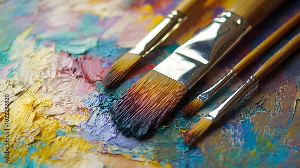 Obraz premium Close-up of paint brushes on a colorful artist's palette.