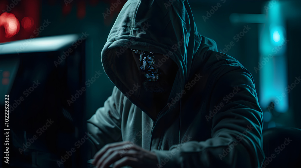 Eerie Depiction of Identity Theft: Hooded Figure Hacking in the Shadows Eerie Depiction of Identity Theft: Hooded Figure Hacking in the Shadows
