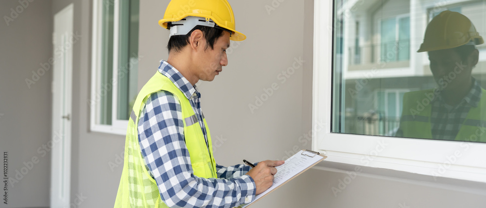 inspector or engineer is inspecting construction and quality assurance new house using a checklist. Engineers or architects or contactor work to build the house before handing it over to the homeowner inspector or engineer is inspecting construction and quality assurance new house using a checklist. Engineers or architects or contactor work to build the house before handing it over to the homeowner