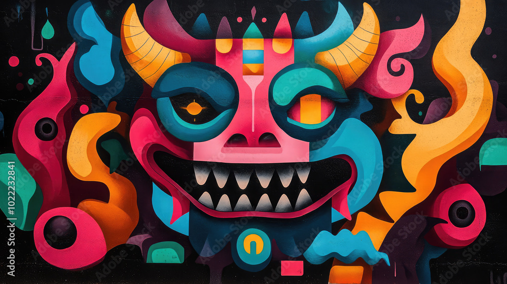 Bold graffiti art of a devil with a menacing grin, featuring vibrant, contrasting colors and dynamic spray techniques, creates an edgy, powerful street art visual. Bold graffiti art of a devil with a menacing grin, featuring vibrant, contrasting colors and dynamic spray techniques, creates an edgy, powerful street art visual.