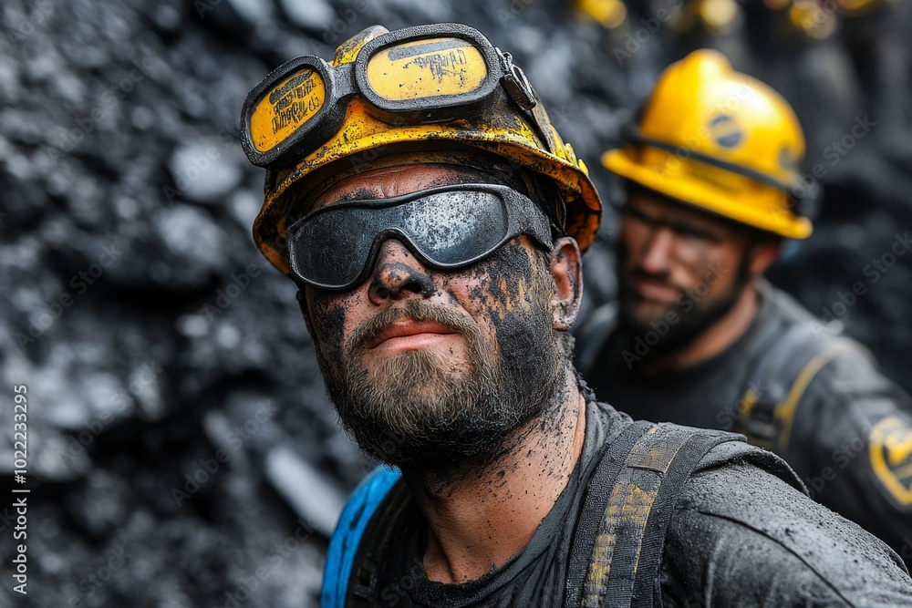 Miners emerging from a coal mine, covered in dust, showing the dangerous working conditions of the past Miners emerging from a coal mine, covered in dust, showing the dangerous working conditions of the past